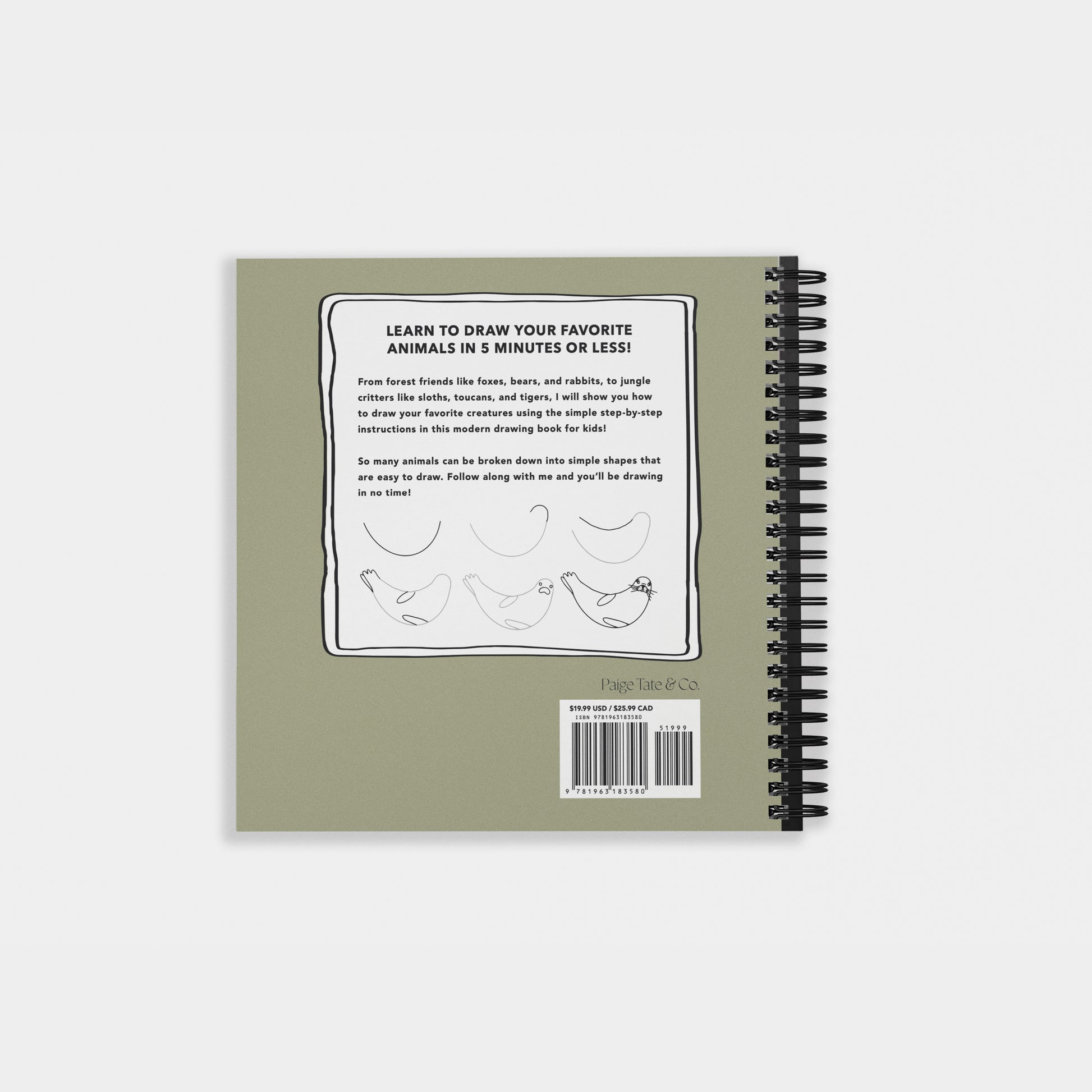 Back cover of “How to Draw All the Animals for Kids” by Alli Koch, featuring a description of the book’s 5-minute drawing lessons, sample sloth sketch steps, and a barcode on a green background with spiral binding
