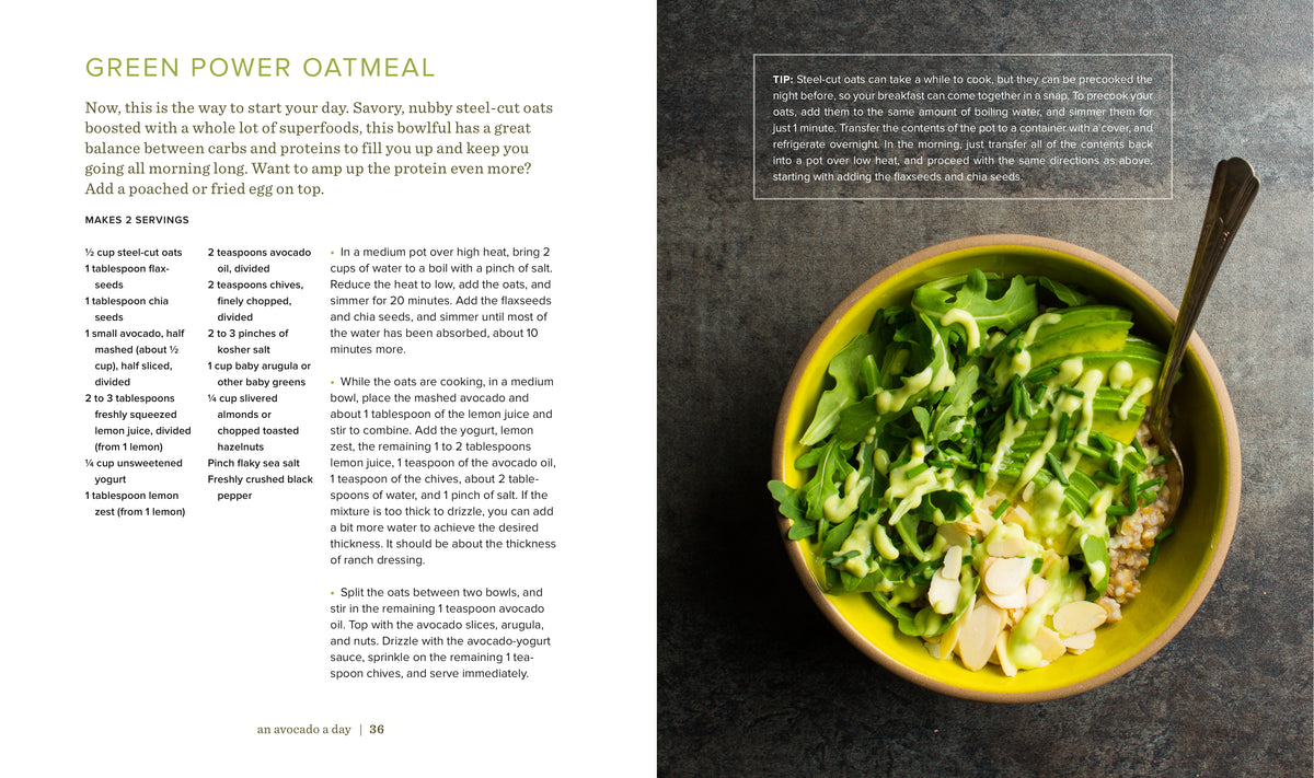 Green power oatmeal bowl with a spoon on a dark surface, next to text about the recipe.