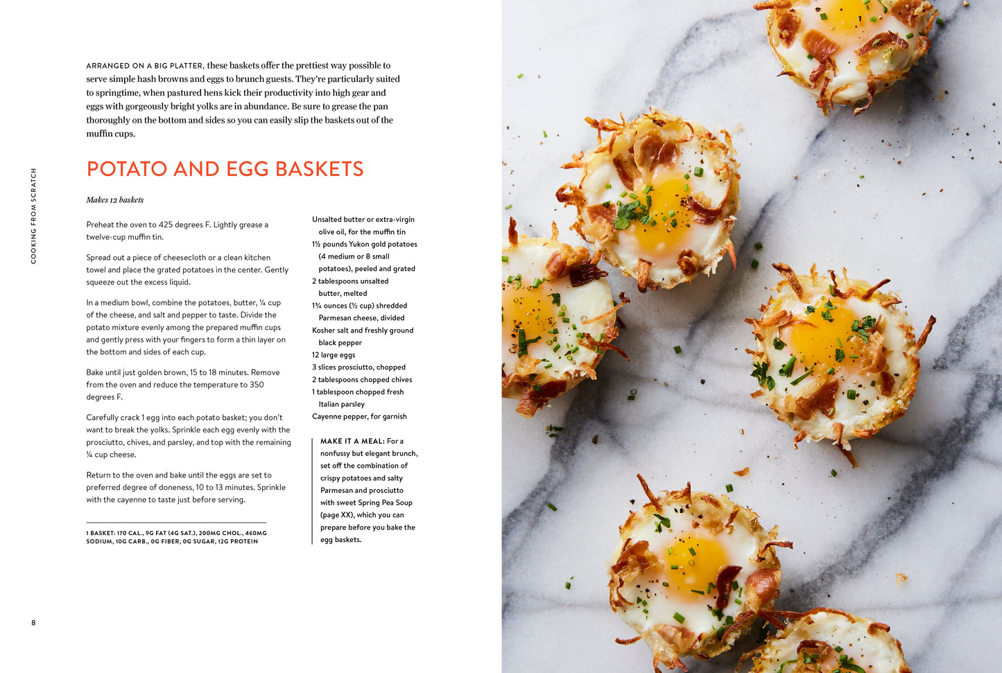 Recipe from 'Cooking from Scratch' for potato and egg baskets on a marble surface with text on the left side.