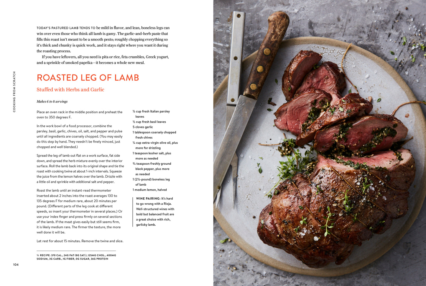 'Cooking from Scratch' recipe for Sliced roasted leg of lamb on a plate with a knife, accompanied by a recipe text on the left.