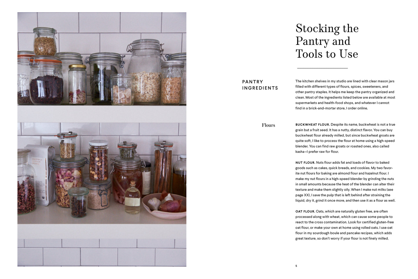 Interior View of 'Cannelle et Vanille Bakes Simple' with Pantry with jars of ingredients and text on using kitchen tools.