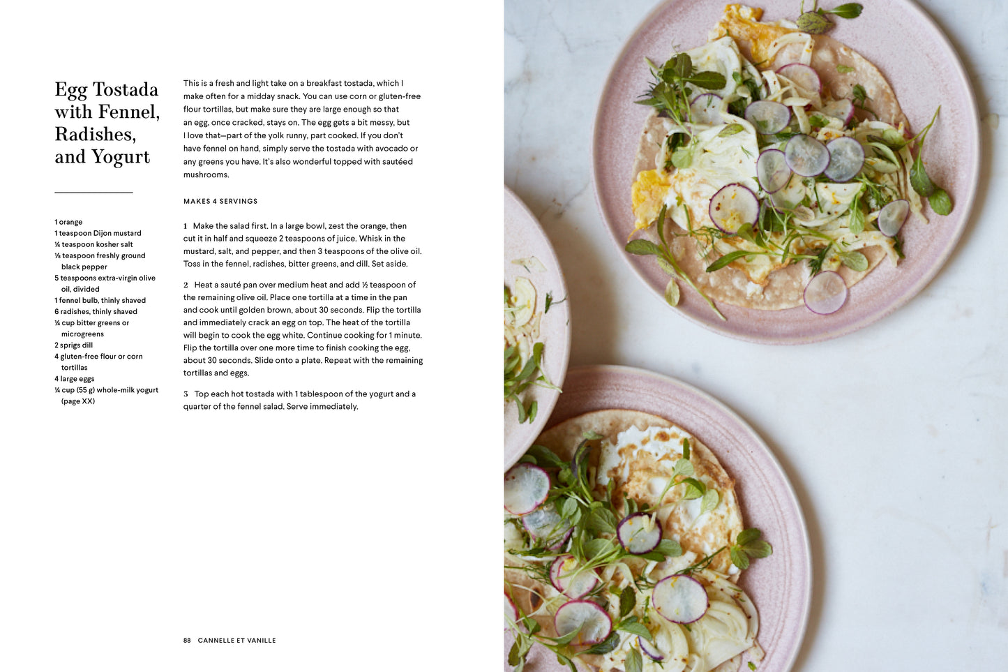 'Cannelle et Vanille Bakes Simple' recipe for Egg Tostada with Fennel, Radishes, and Yogurt on a pink plate with text on the left.