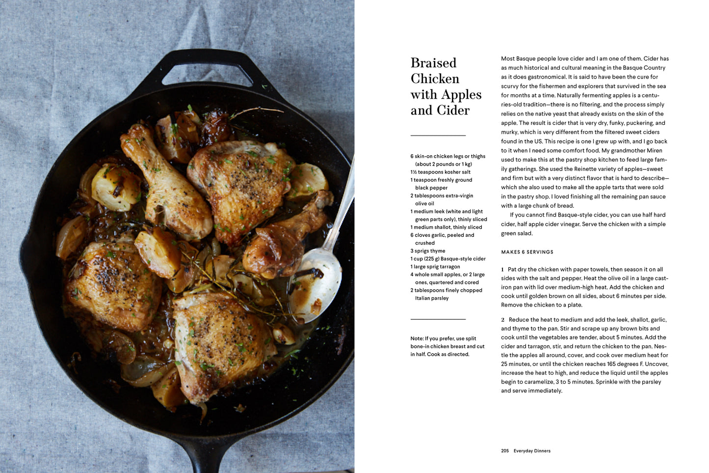 'Cannelle et Vanille Bakes Simple' recipe for Braised chicken with apples and cider in a skillet on a blue surface, next to a recipe text.