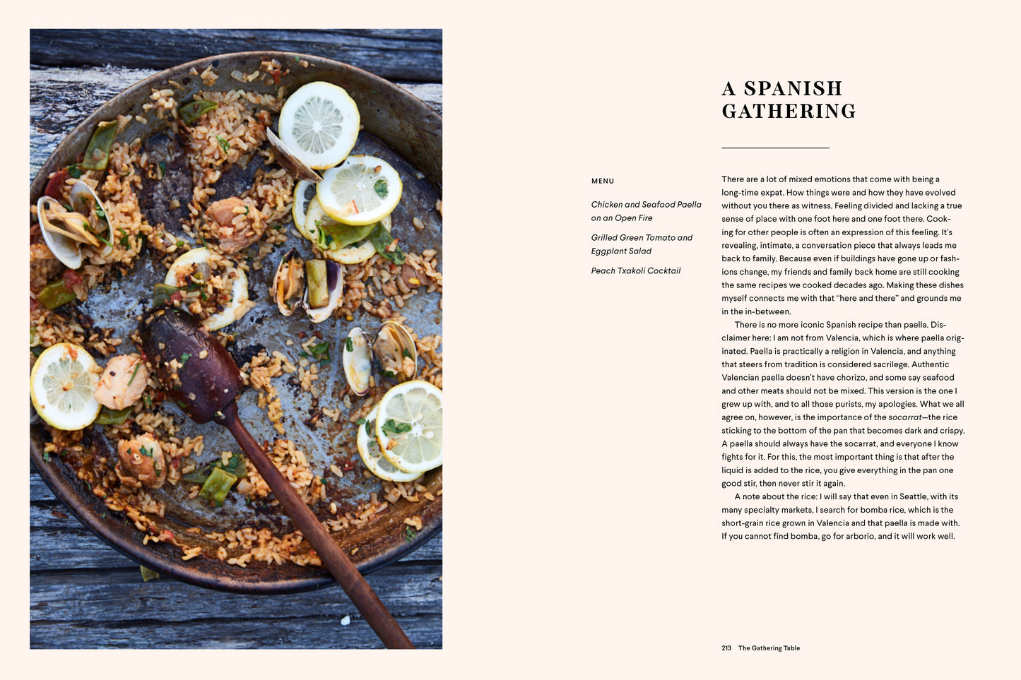 'Cannelle et Vanille Bakes Simple' Plated dish with a wooden spoon on a rustic surface, accompanied by text about a Spanish gathering.