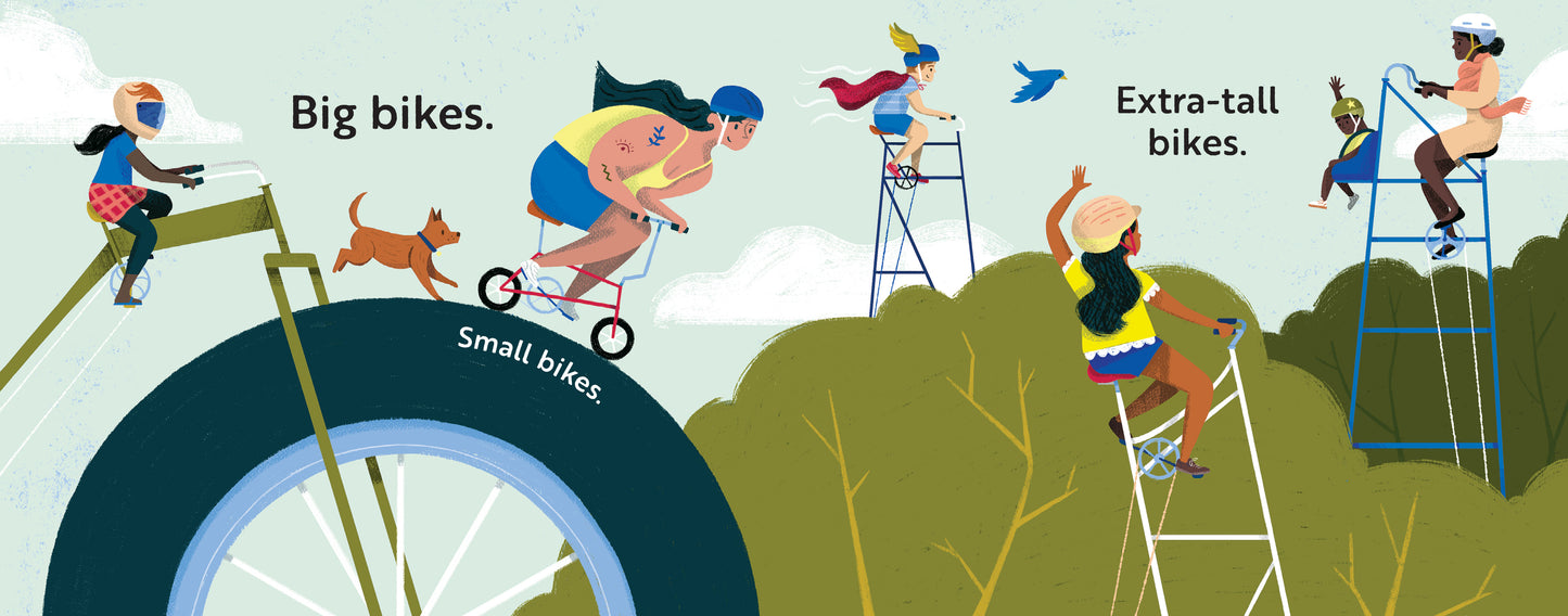 Children's book titled 'Go, Bikes, Go!' with the Illustration of people on bicycles with labeled bike sizes in a cartoon style.