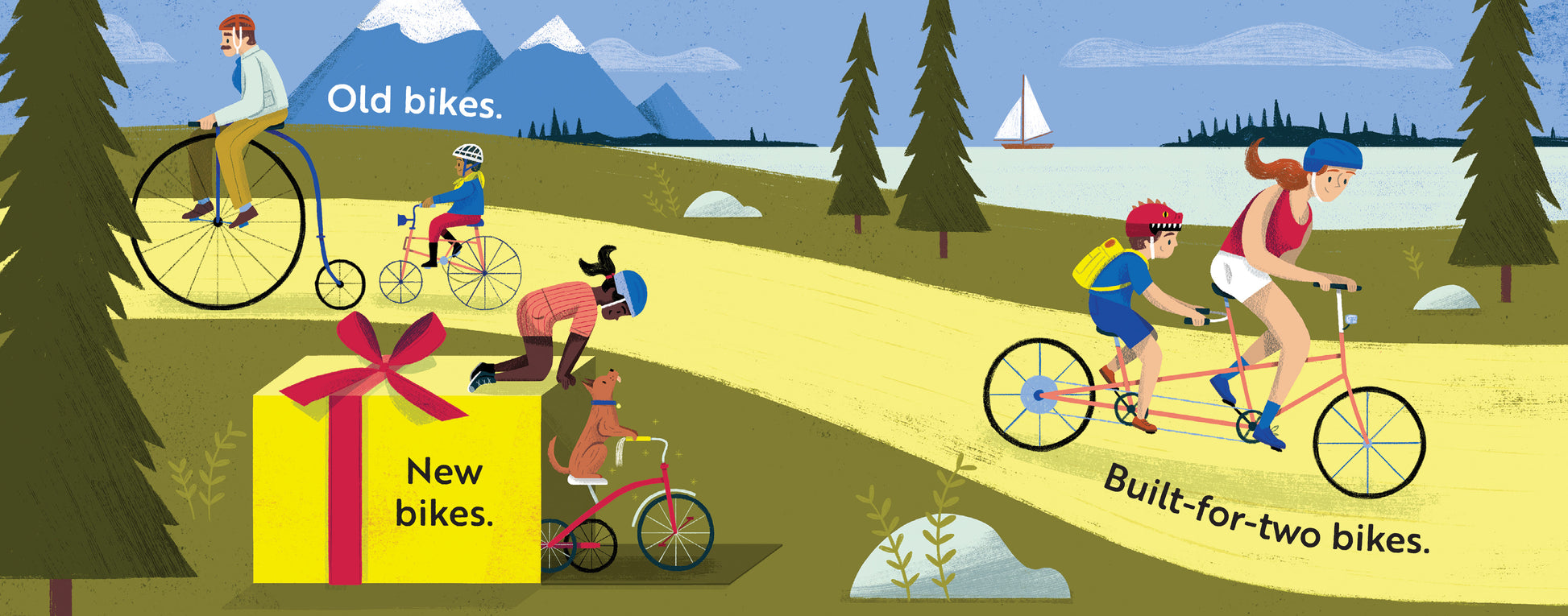 Cartoon illustration of Children's book titled 'Go, Bikes, Go!' with people riding bicycles with a gift box labeled 'New bikes' and 'Old bikes'.