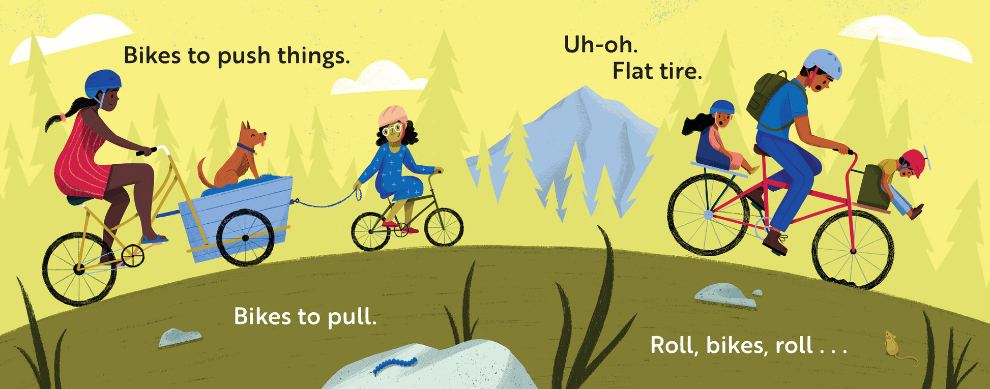 Children's book titled 'Go, Bikes, Go!' with an Illustration of people using different types of bikes in a natural setting with text labels.