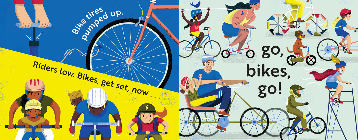 Children's book titled 'Go, Bikes, Go!' with illustrations of children riding bikes and text about bike safety.