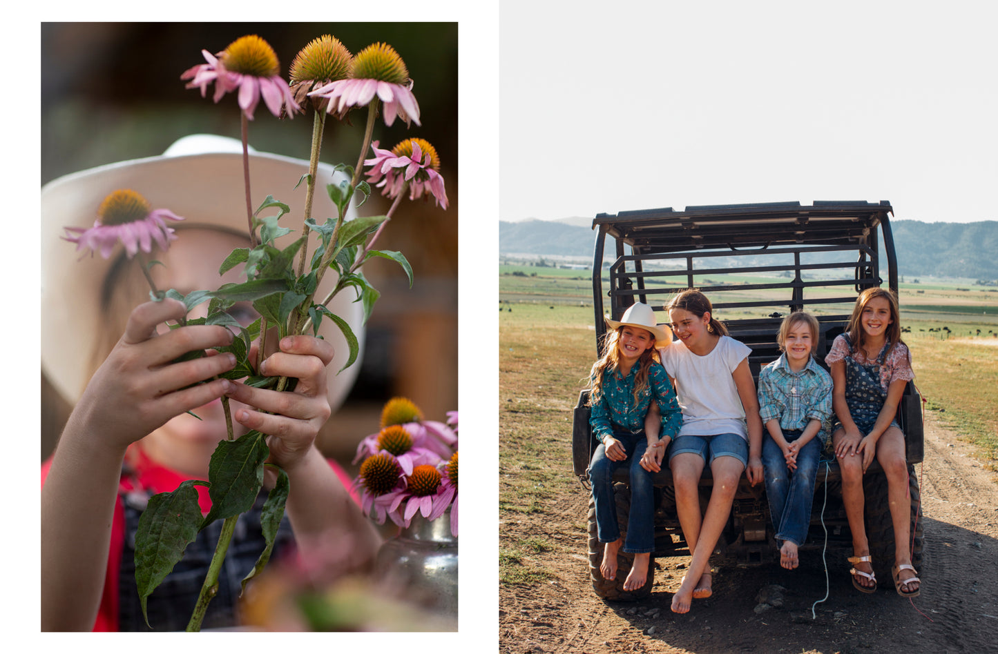 Five Marys Ranch Raised' inside view of Two images: one of hands holding flowers and another of a family sitting on a vehicle in a field.