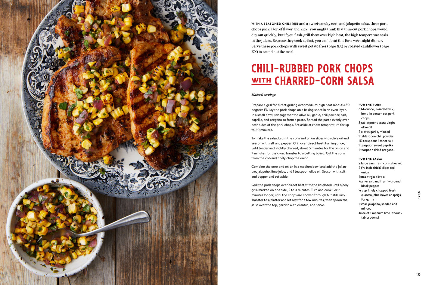 Five Marys Ranch Raised' with a Recipe for chili-rubbed pork chops with charred-corn salsa on a wooden table.