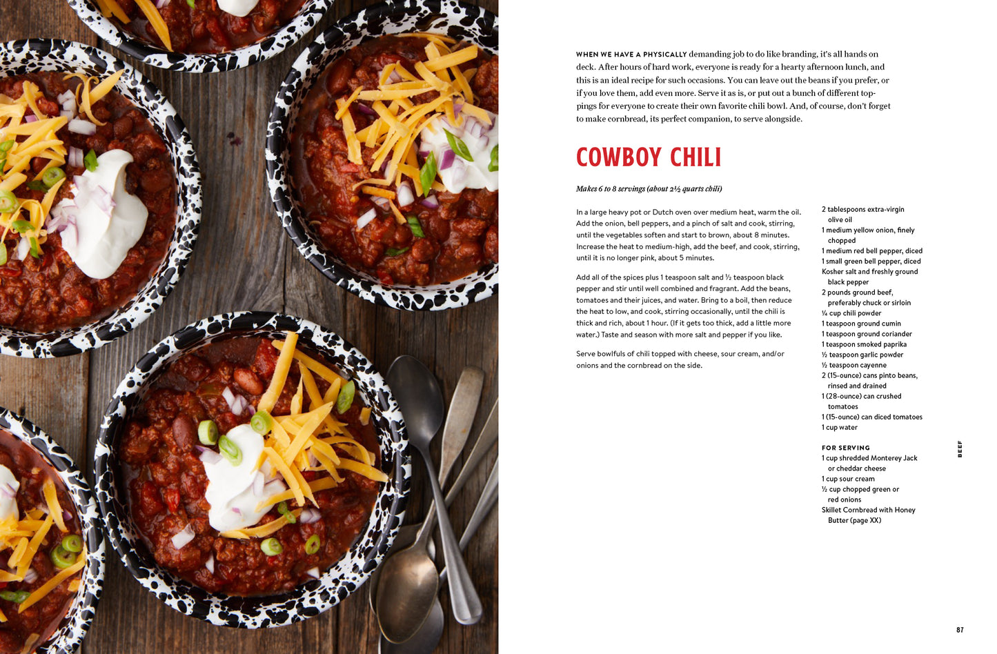 Five Marys Ranch Raised' with a recipe for Cowboy chili in bowls with a recipe on the right side