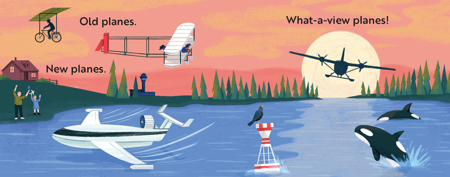 Children's book titled 'Go, Planes, Go!' with Cartoon illustration of old and new airplanes over a lake with trees and houses in the background.