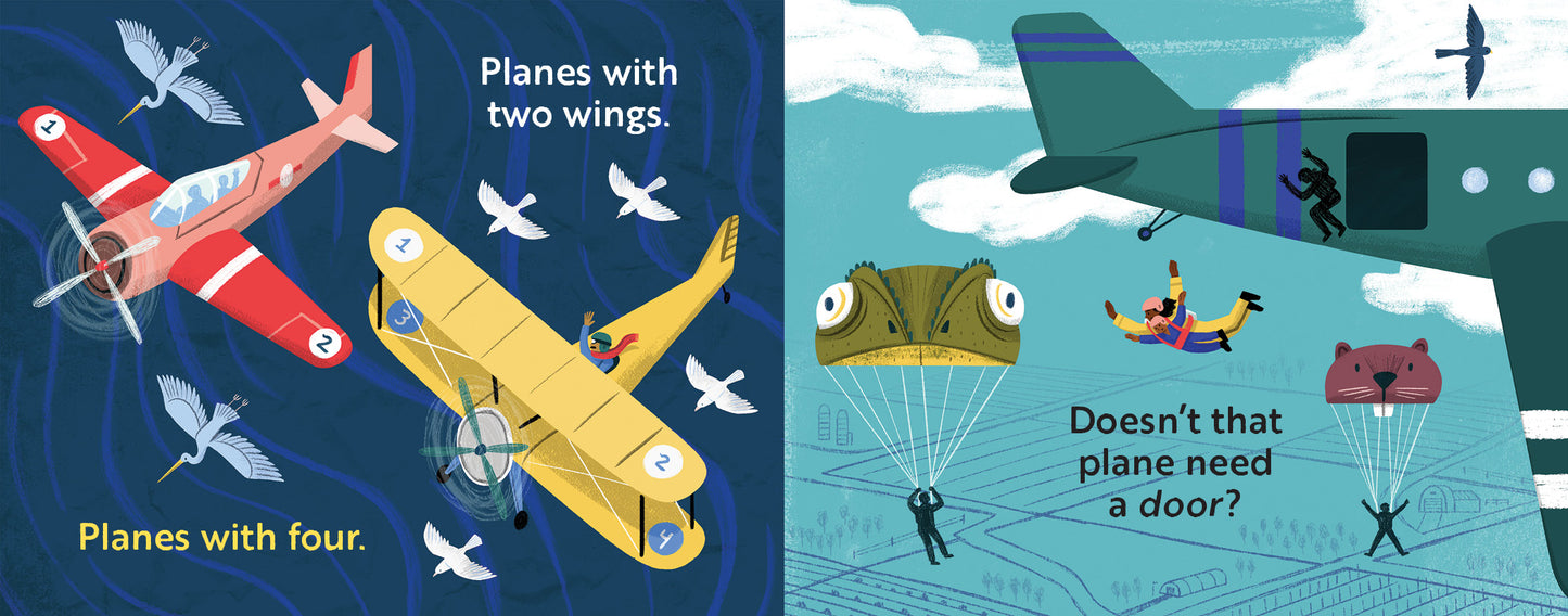 Children's book titled 'Go, Planes, Go!' with Illustrations of airplanes with text explaining different types of planes.