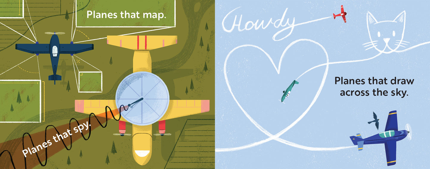 Children's book titled 'Go, Planes, Go!' with Illustrations of airplanes with text describing their functions on a green and blue background.