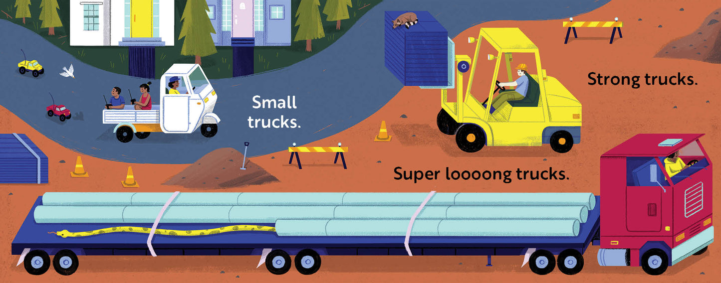 Children's book titled 'Go, Trucks, Go!' with Illustration of different types of trucks with labels on a colorful background