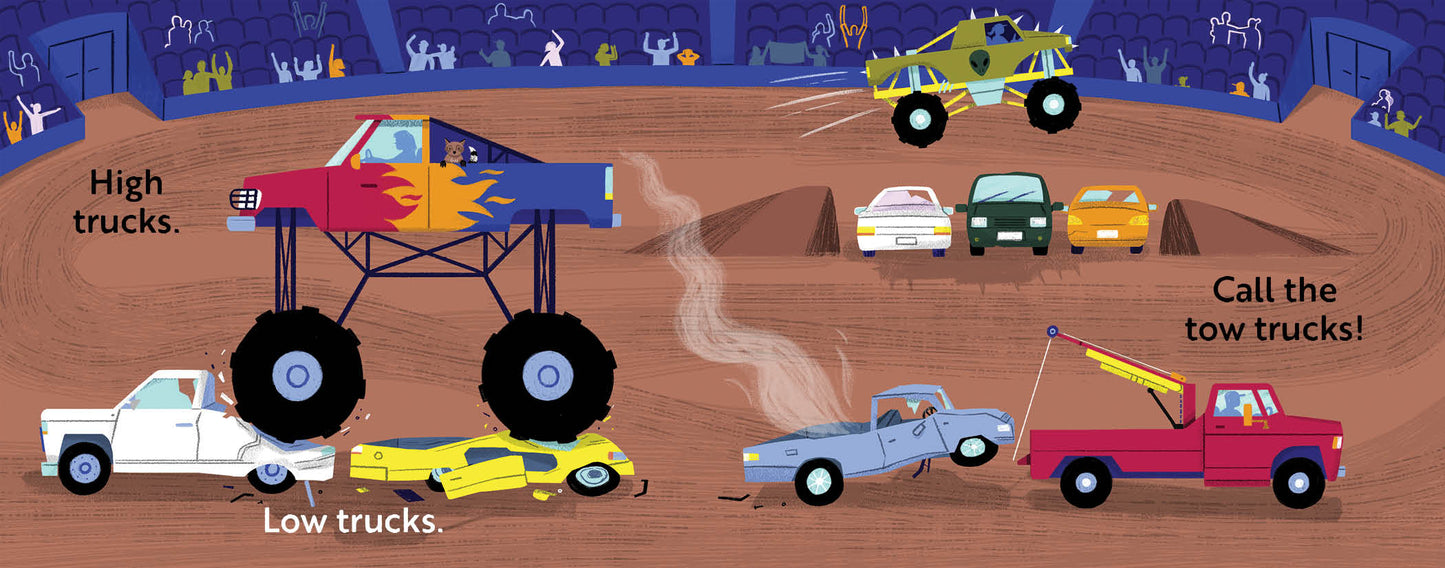 Children's book titled 'Go, Trucks, Go!' with an Illustration of a toy truck race track with various trucks and text labels.