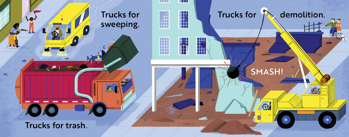 Children's book titled 'Go, Trucks, Go!' with an Illustration of different types of trucks with labels and action verbs.
