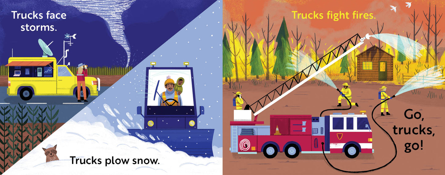 Children's book titled 'Go, Trucks, Go!' with Illustrations of trucks performing different tasks with text descriptions on a blue and orange background.