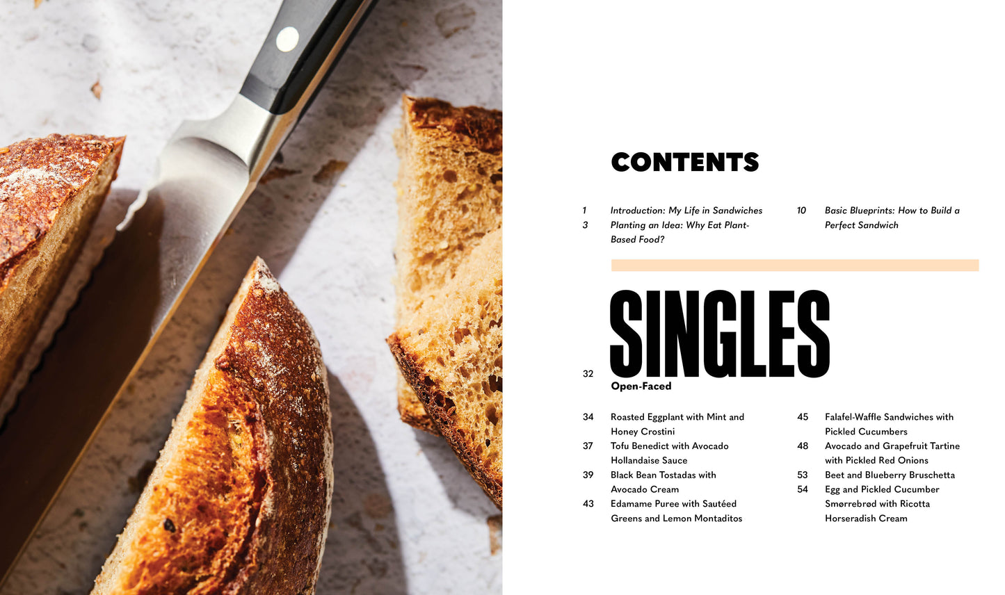 Book page from 'A Hearty Book of Veggie Sandwiches' with bread slices and a knife on a table, alongside a section titled 'Singles'.