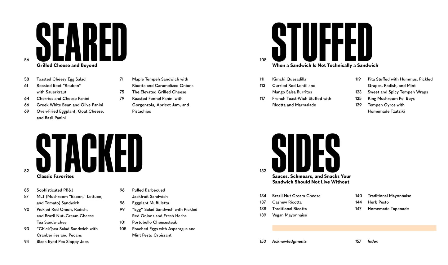 Menu section from 'A Hearty Book of Veggie Sandwiches' with categories like 'Seared', 'Stacked', 'Stuffed', and 'Sides' in a black and white format.