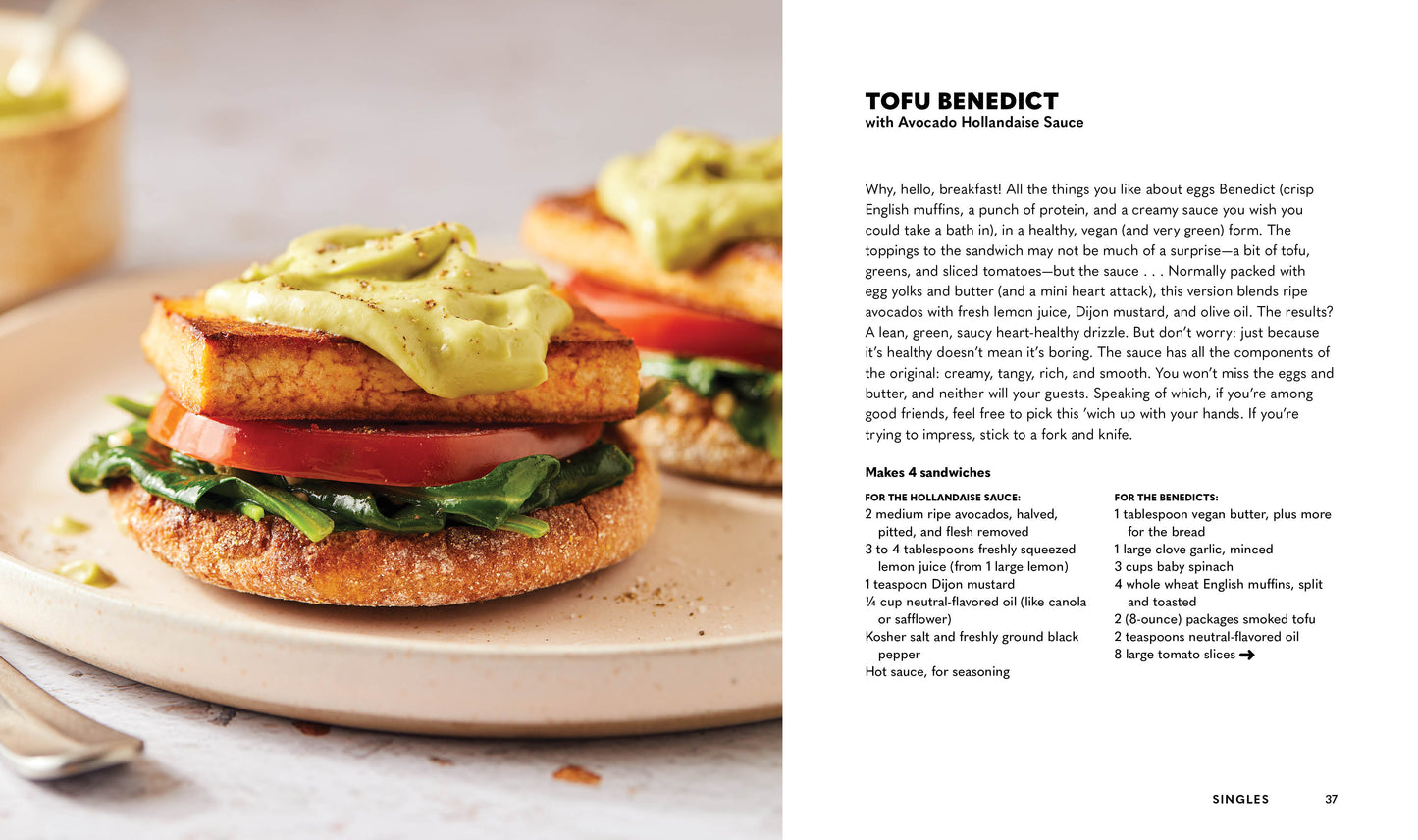 'A Hearty Book of Veggie Sandwiches' recipe for Tofu Benedict with avocado on a plate, accompanied by text on the right side.