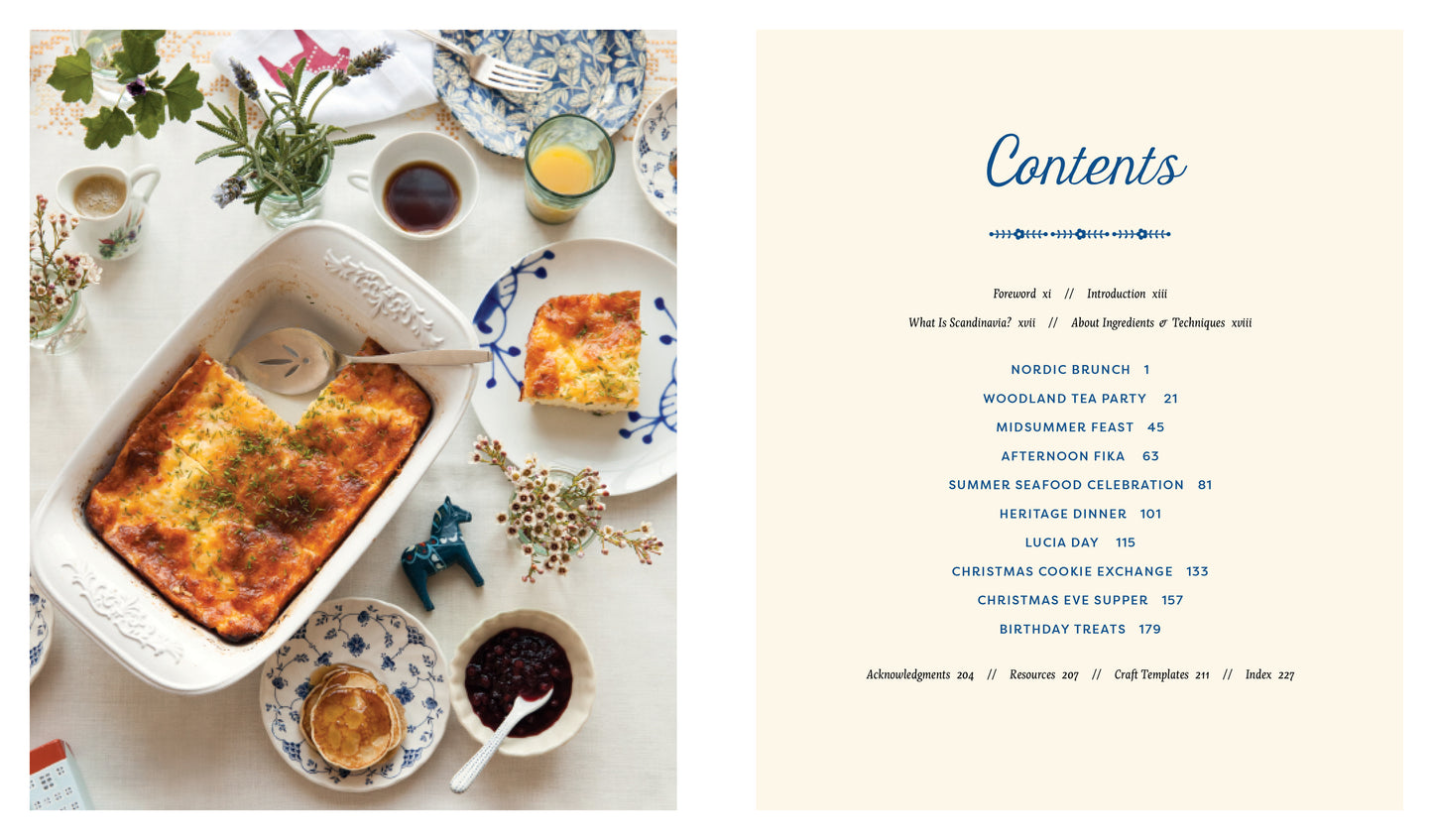 From the book: 'Scandinavian Gatherings' Table setting with a dish of food and a magazine page titled 'Contents' on a white background.