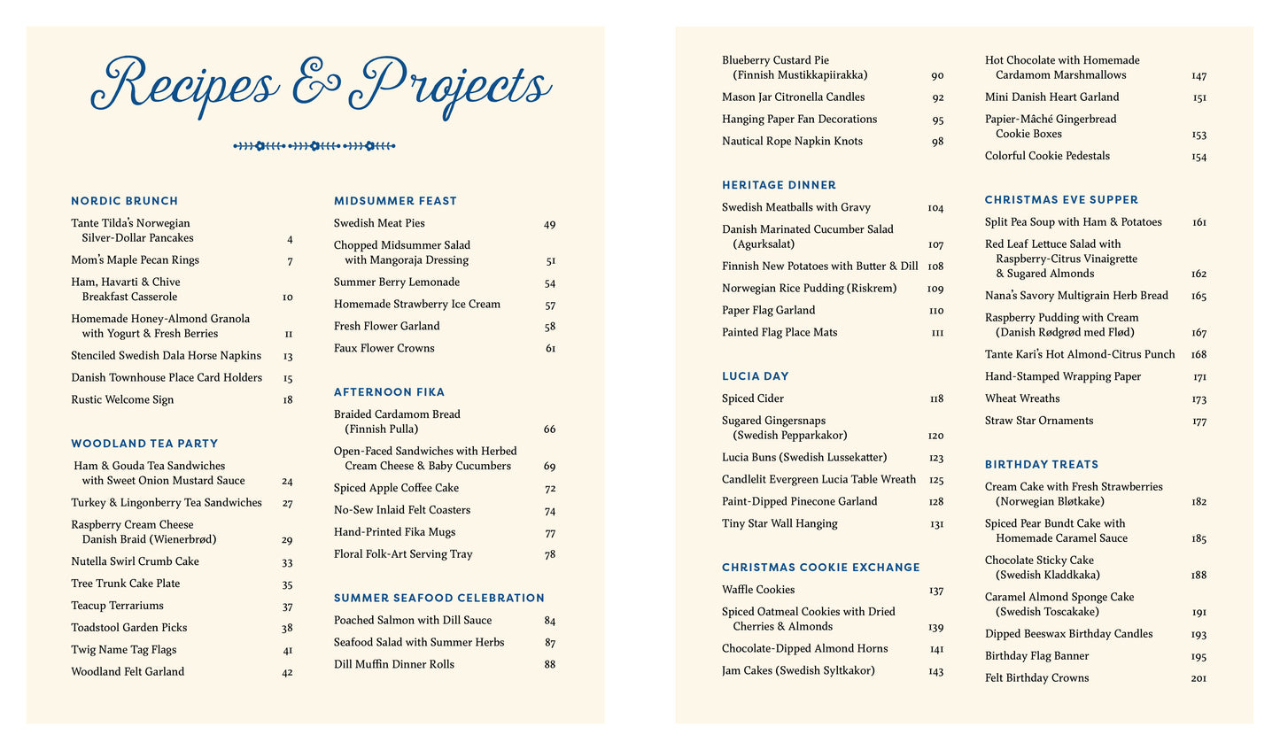 Menu from 'Scandinavian Gatherings' with recipes and projects listed on a beige background