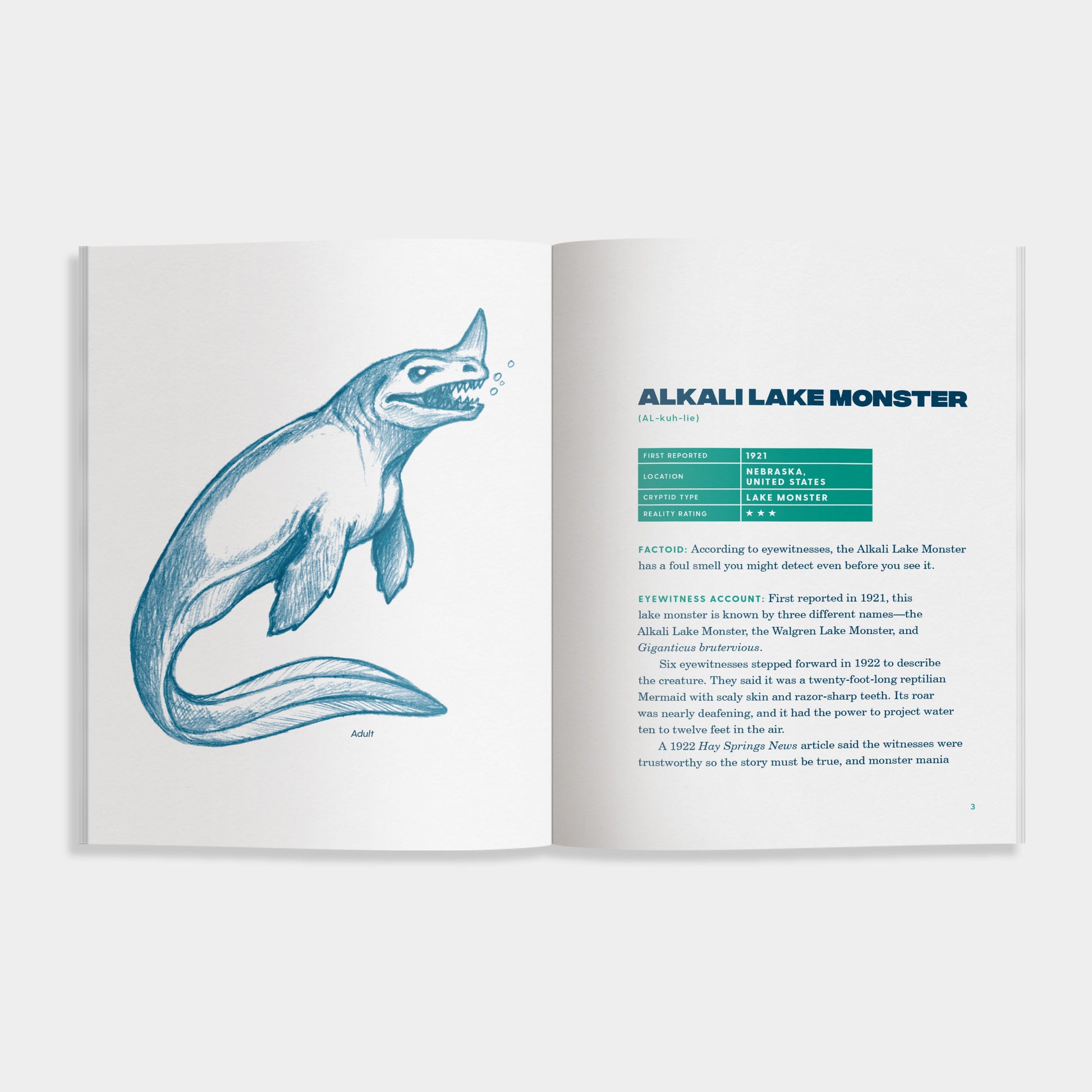 Open book with illustration of a creature labeled 'Alkali Lake Monster' on a white background