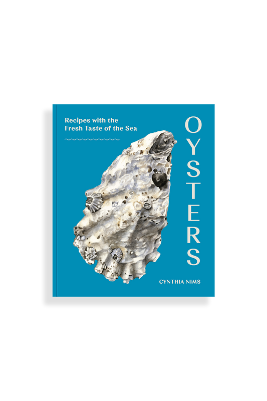 Book cover of 'Oysters' by Cynthia Nims with a blue background and oyster image.