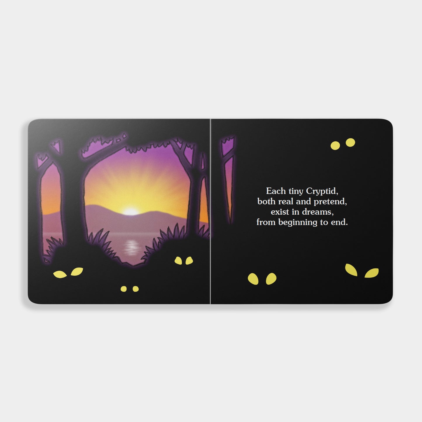 Inside view of Crypt Babies book with a sunset scene and text about cryptids in a forest setting.