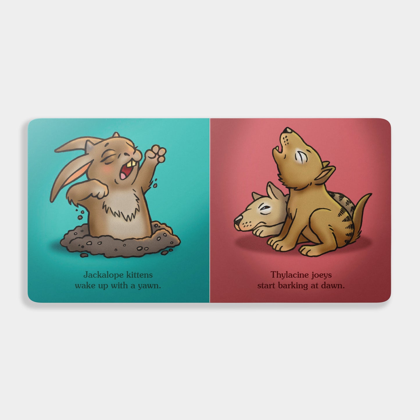 Inside view of Cryptid Babies book showing a Jackalope and a Thylacine.