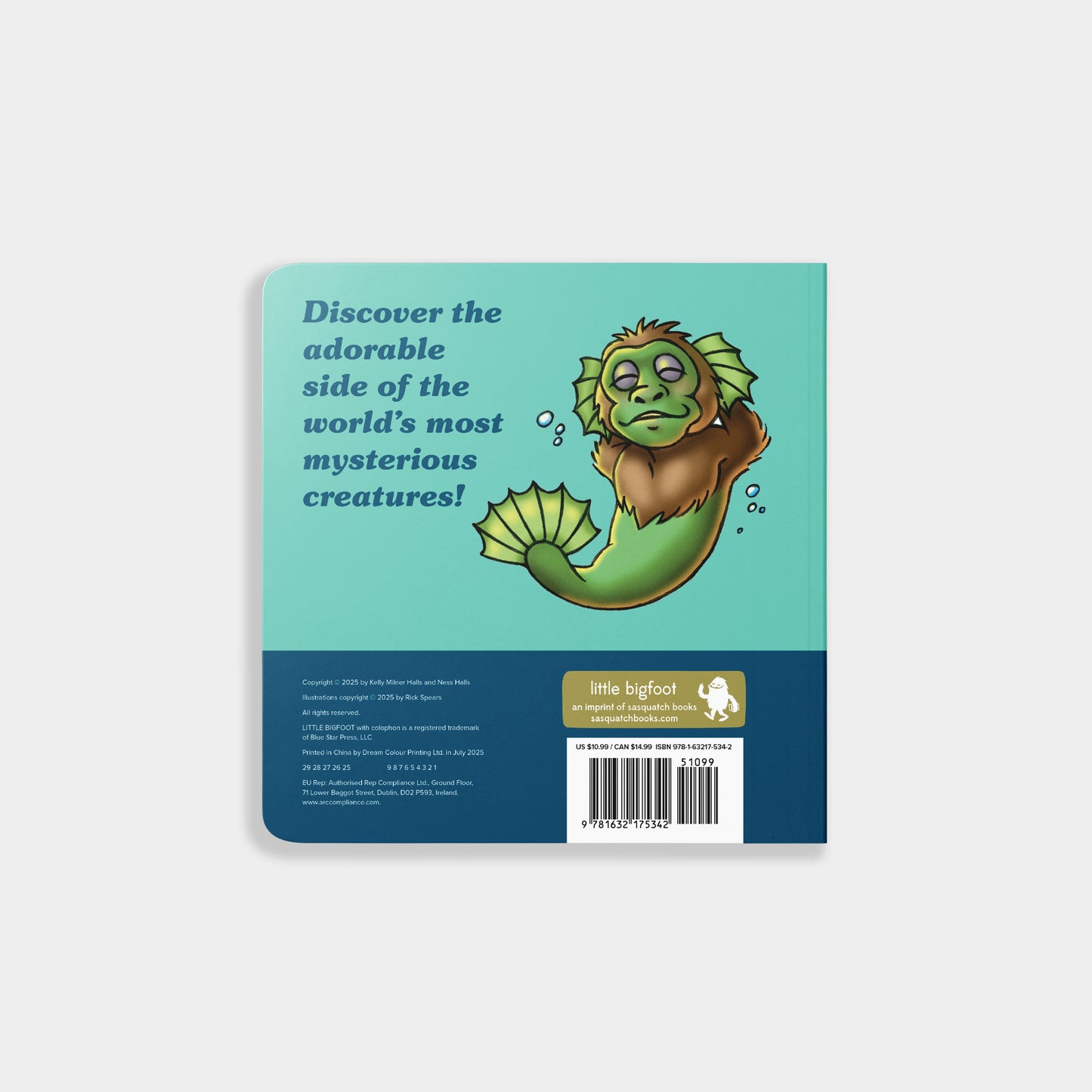 Back of Book cover with a creature illustration and text on a light gray background