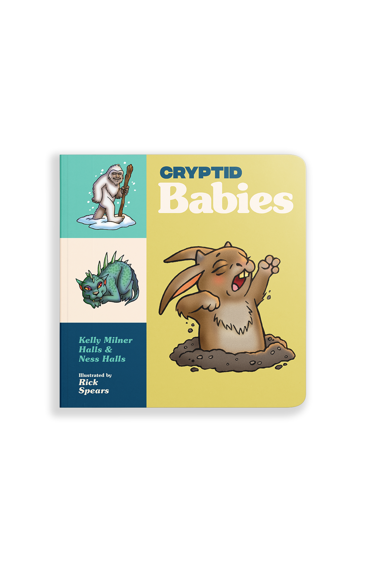 Book titled 'Cryptid Babies' with illustrations of a yeti, creature, and a bunny on a white background.