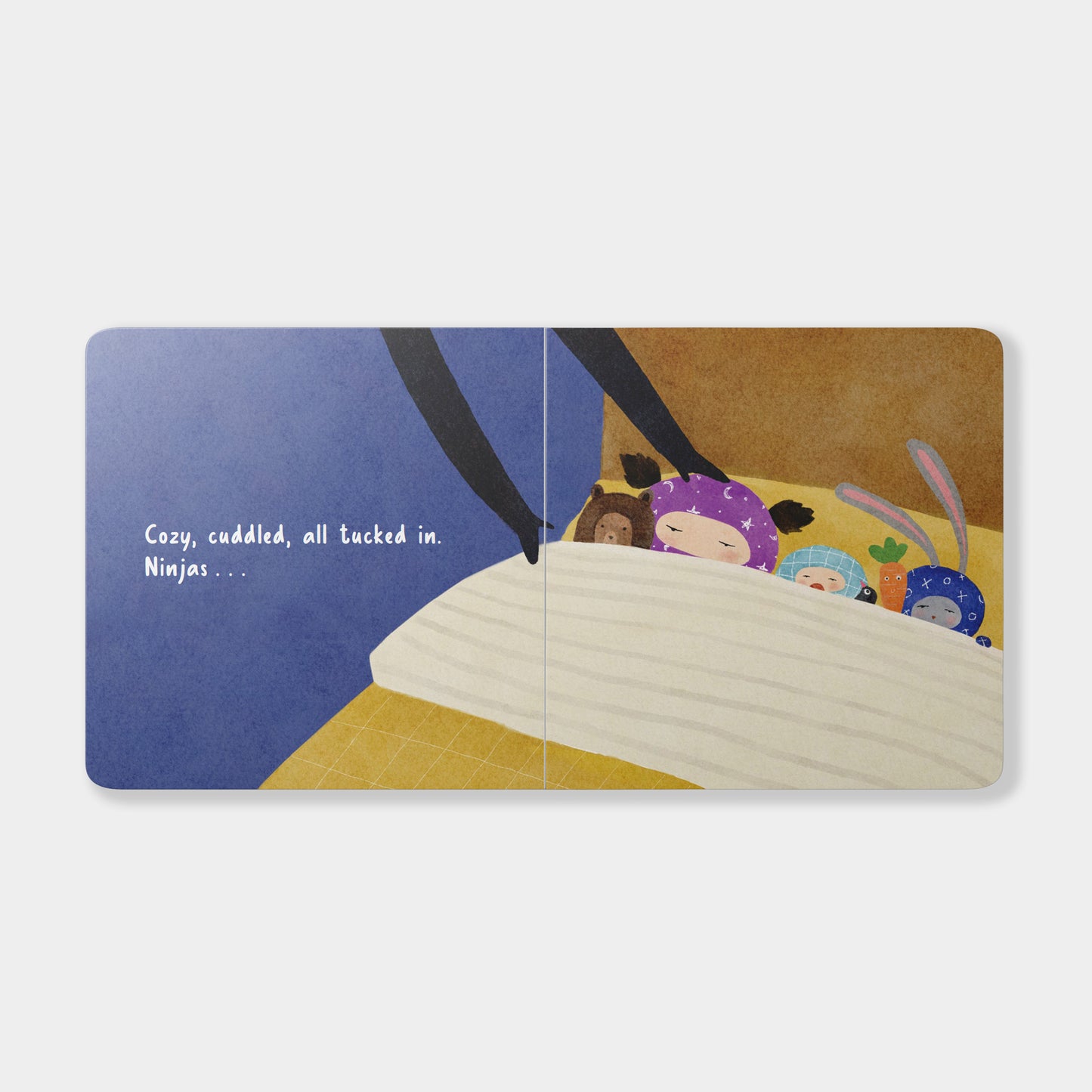 Illustrated book page with ninjas in a basket on a blue and brown background