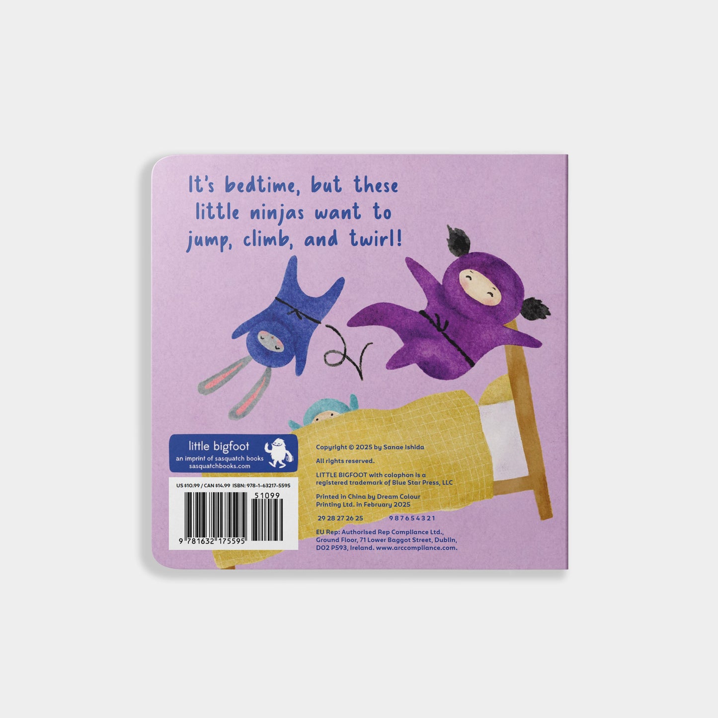 Back cover of a children's book with illustrations of two ninjas in bed and text.