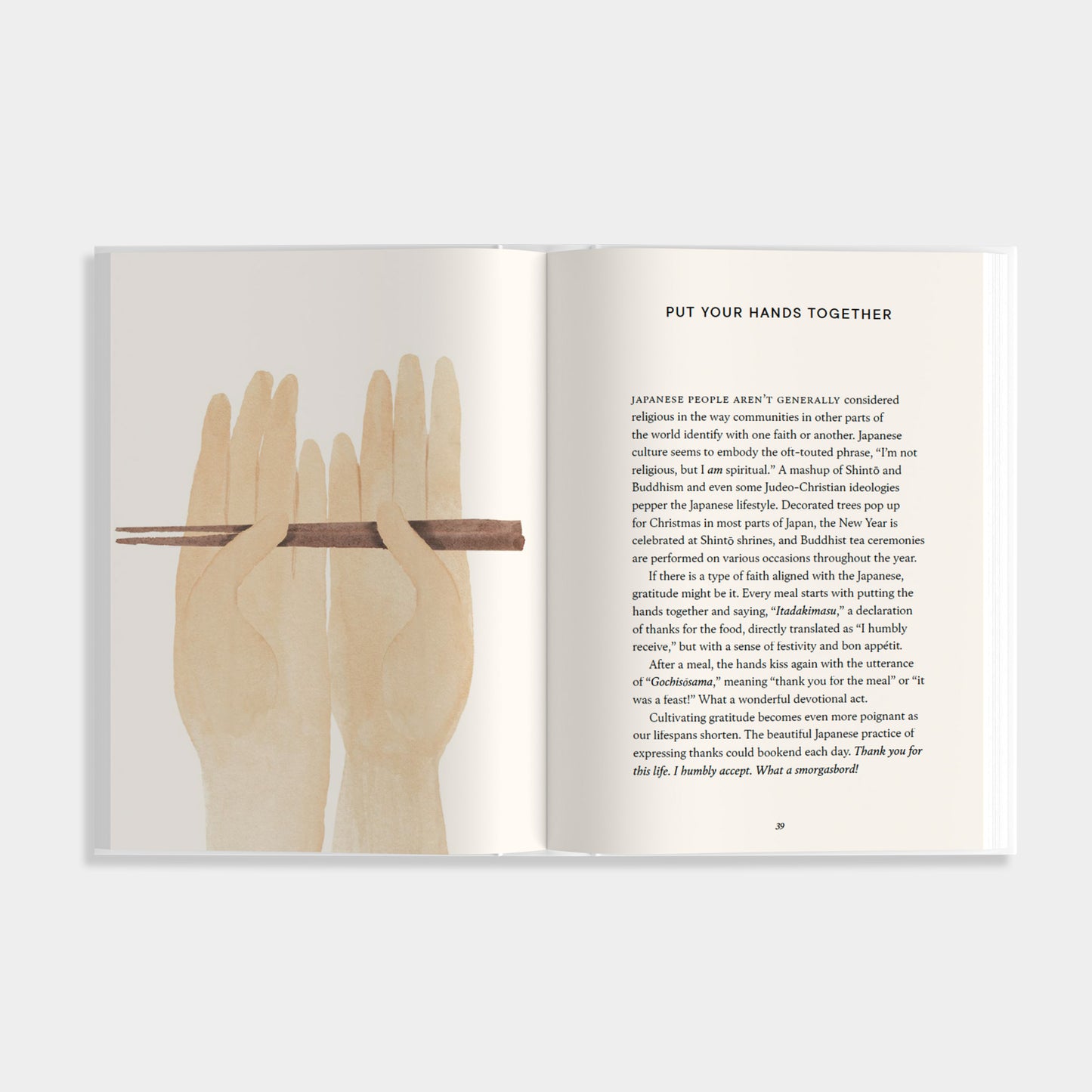 An inside look of Shibui showing a page of text explaining the cultural practices of gratitude in Japan. The other side shows an illustration of two hands holding a pair of chopsticks.