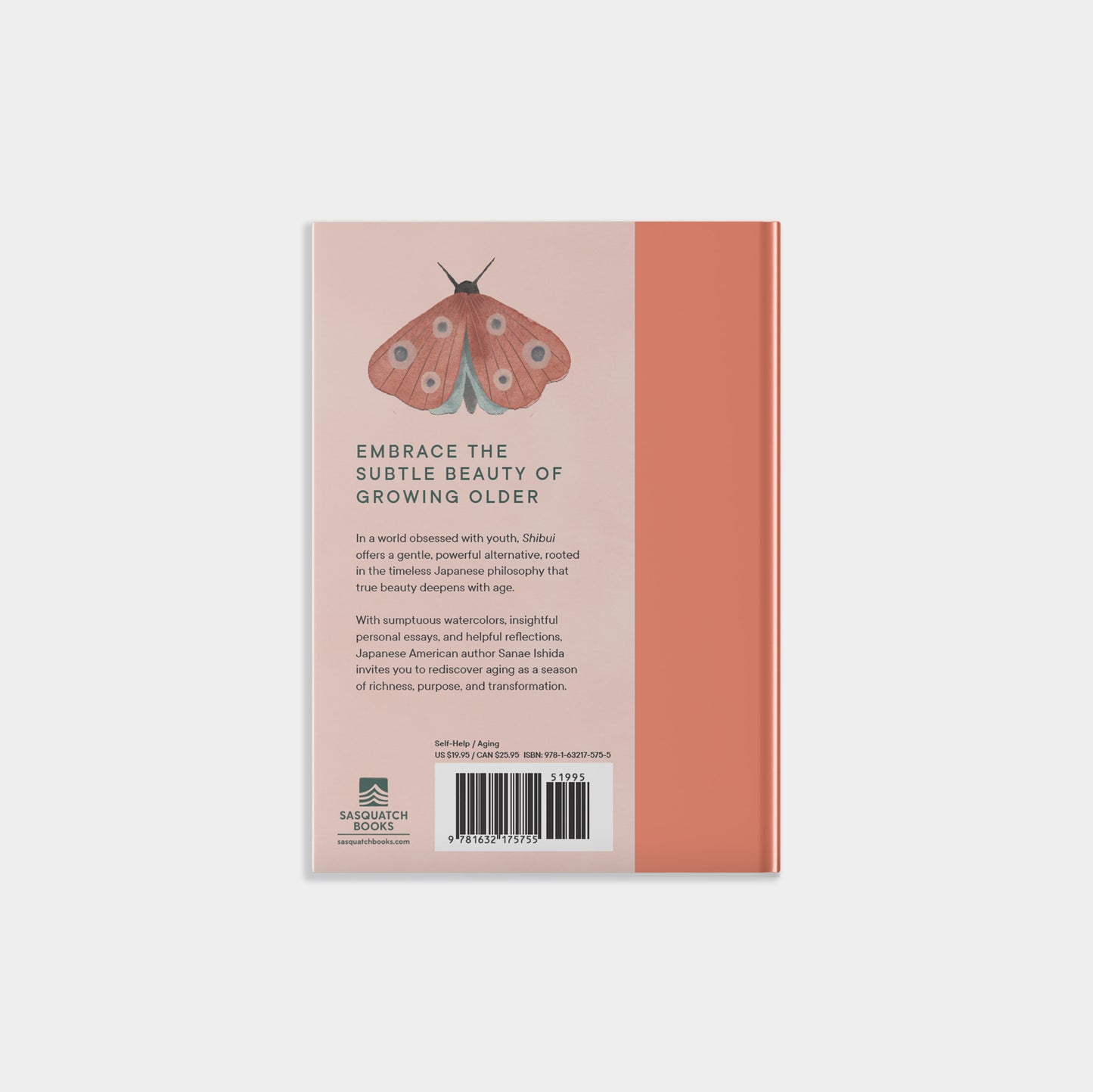 Shibui Book cover with a butterfly illustration and text on a pink background and the text: Embrace the subtle beauty of growing older.