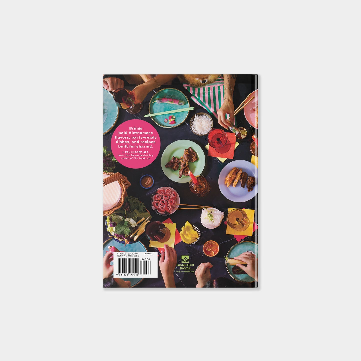 Book cover with a colorful illustration of people eating at a table on a white background