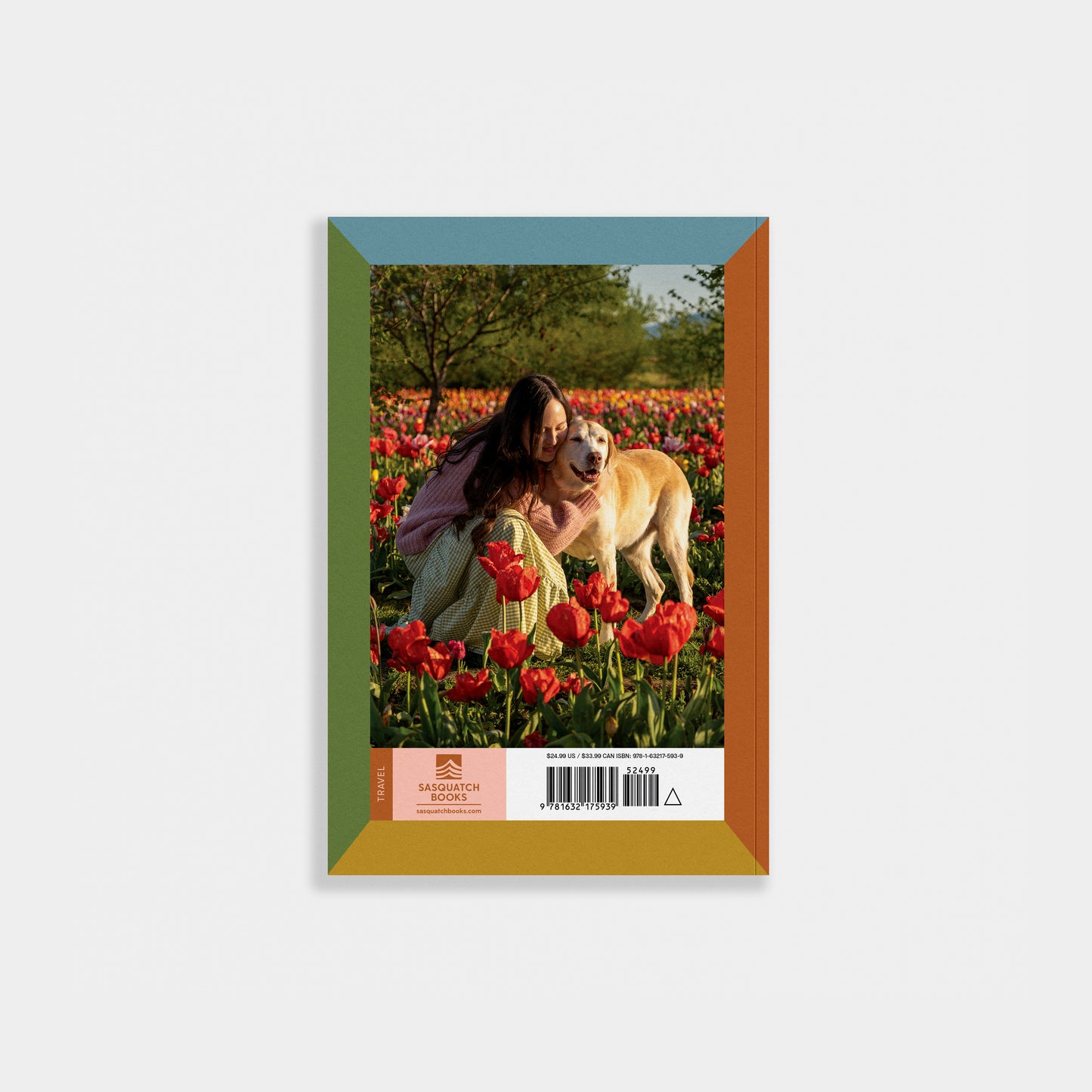 Book cover with a woman and dog in a tulip field on a white background