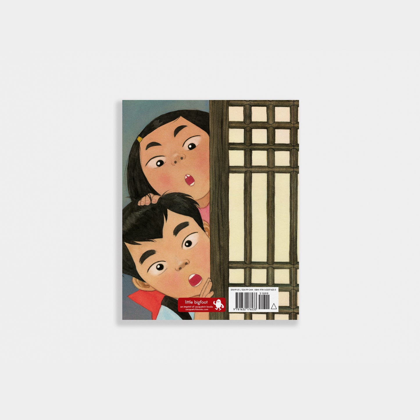 Book cover with animated characters and a window design on a light gray background