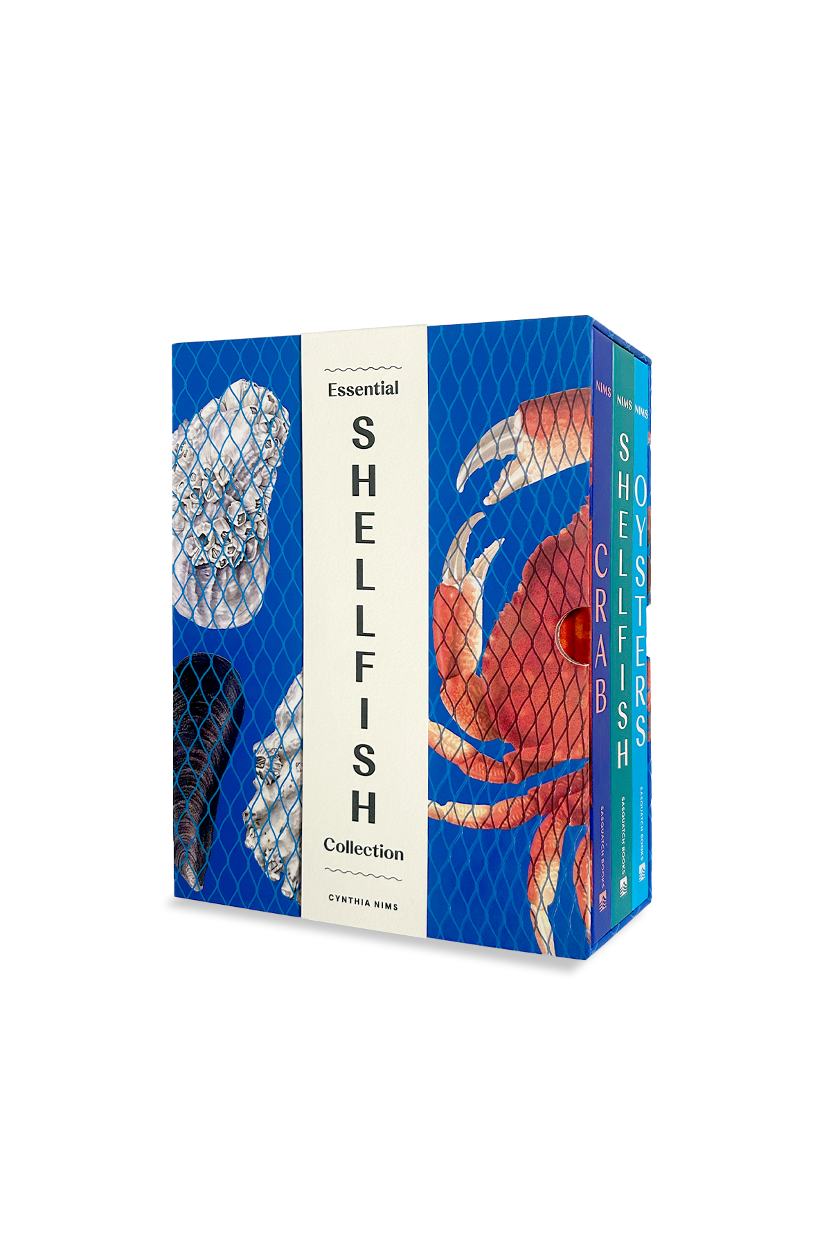 Box packaging for 'Essential Shellfish Collection' with shell and crab illustrations on a white background