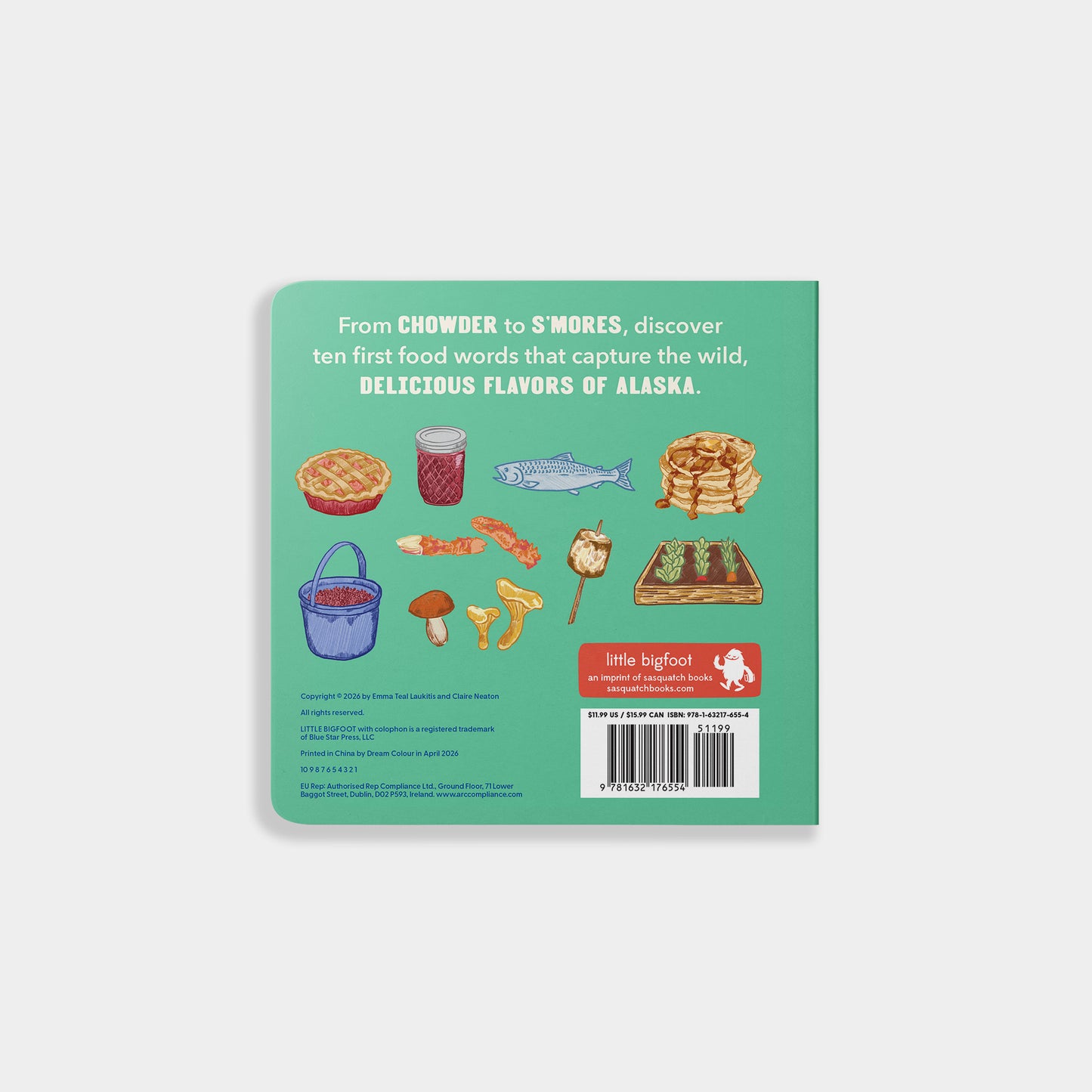 Book cover with illustrations of food items and text on a green background