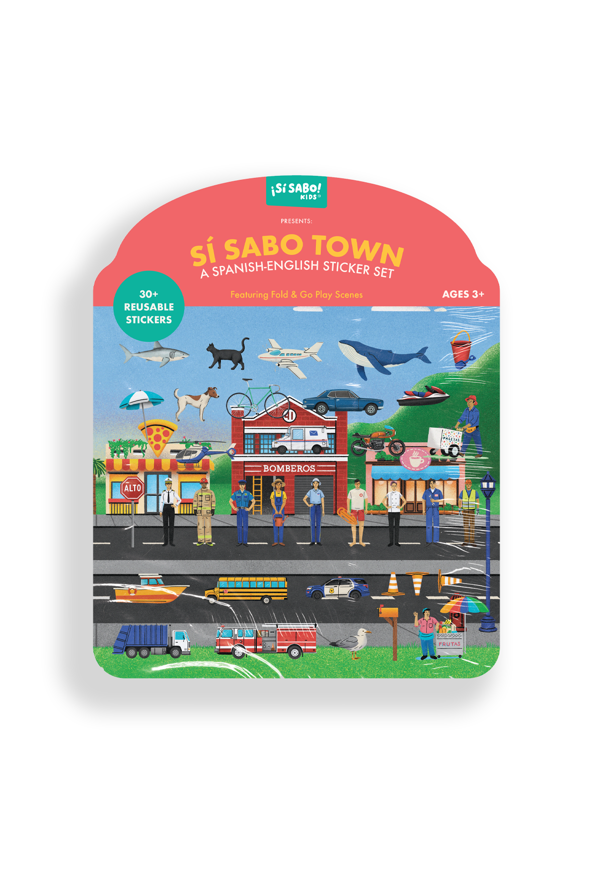 Si Sabo Town sticker set packaging with colorful illustrations on a white background