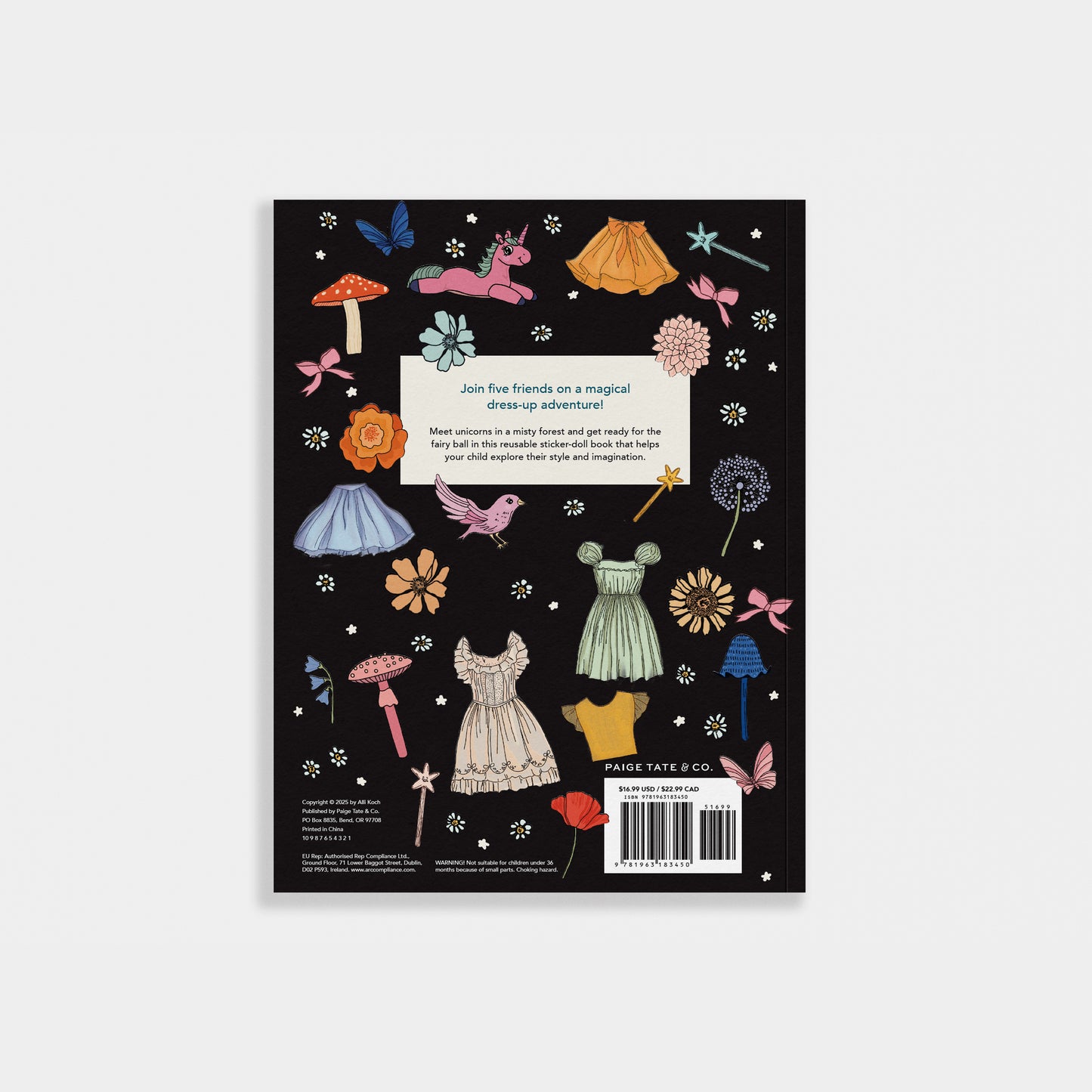 Back cover of “My Sticker Storybook: Fairies & Unicorns” featuring colorful dress-up stickers like dresses, flowers, a unicorn, and magic wands, with a whimsical description inviting kids on a magical adventure