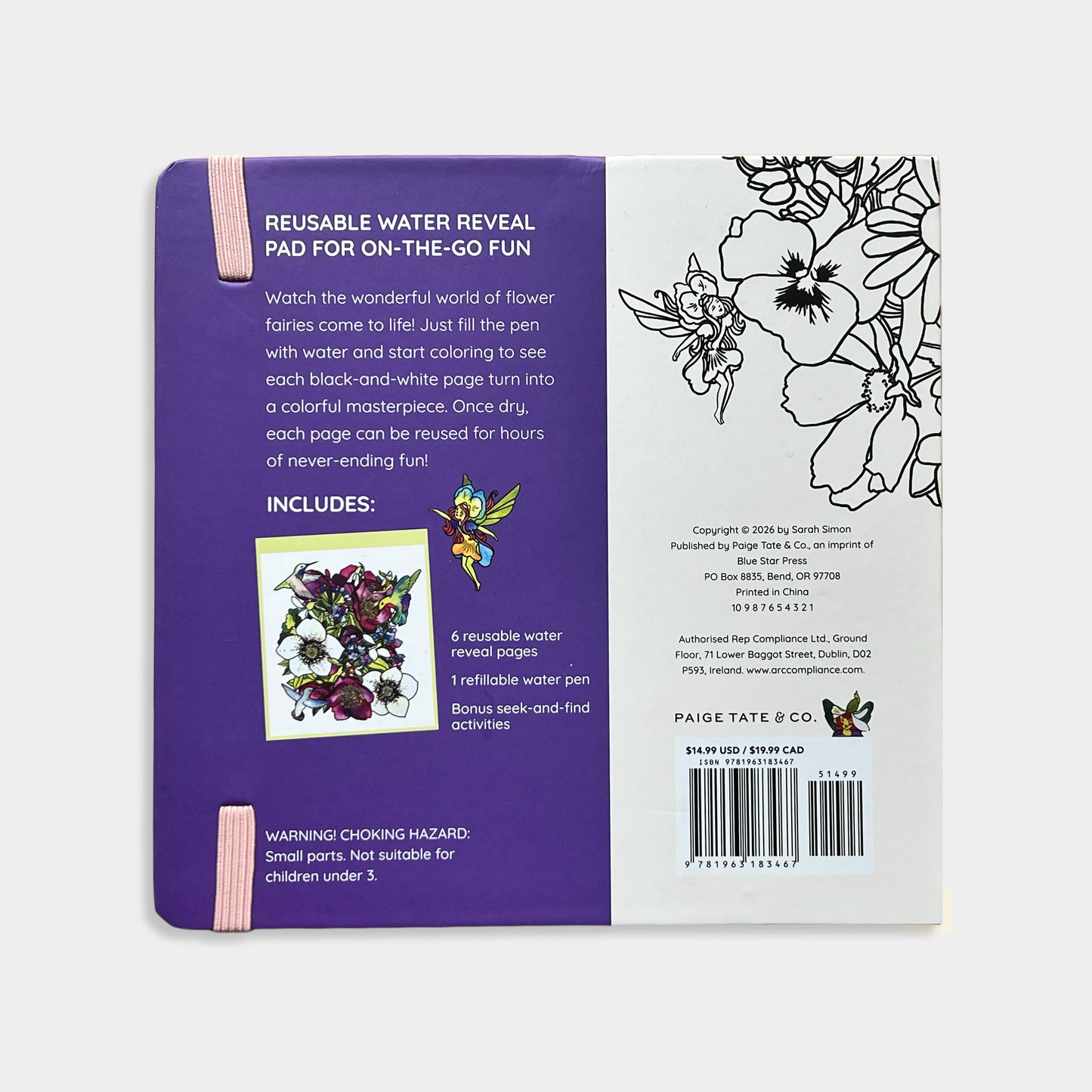 Reusable water reveal pad packaging with purple and white design on a white background