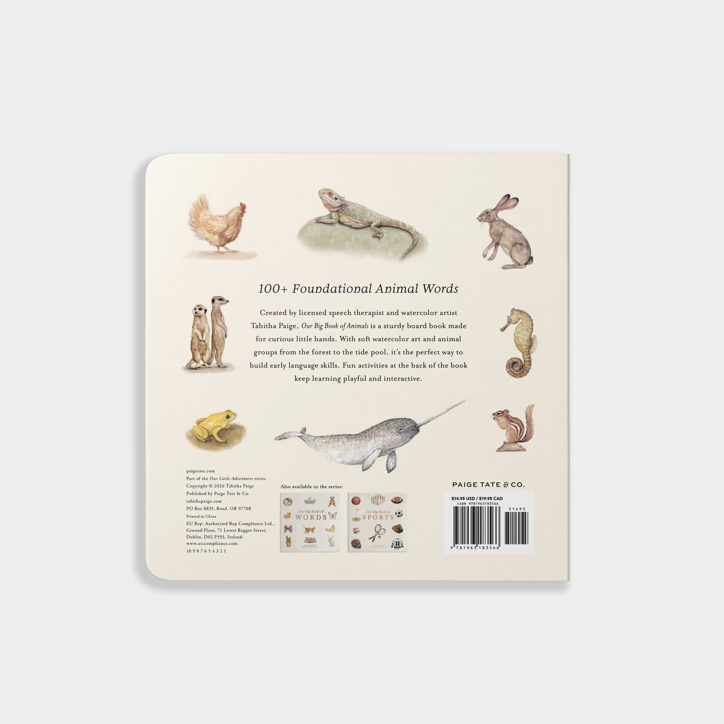 Back cover of a book with illustrations of animals and text on a white background
