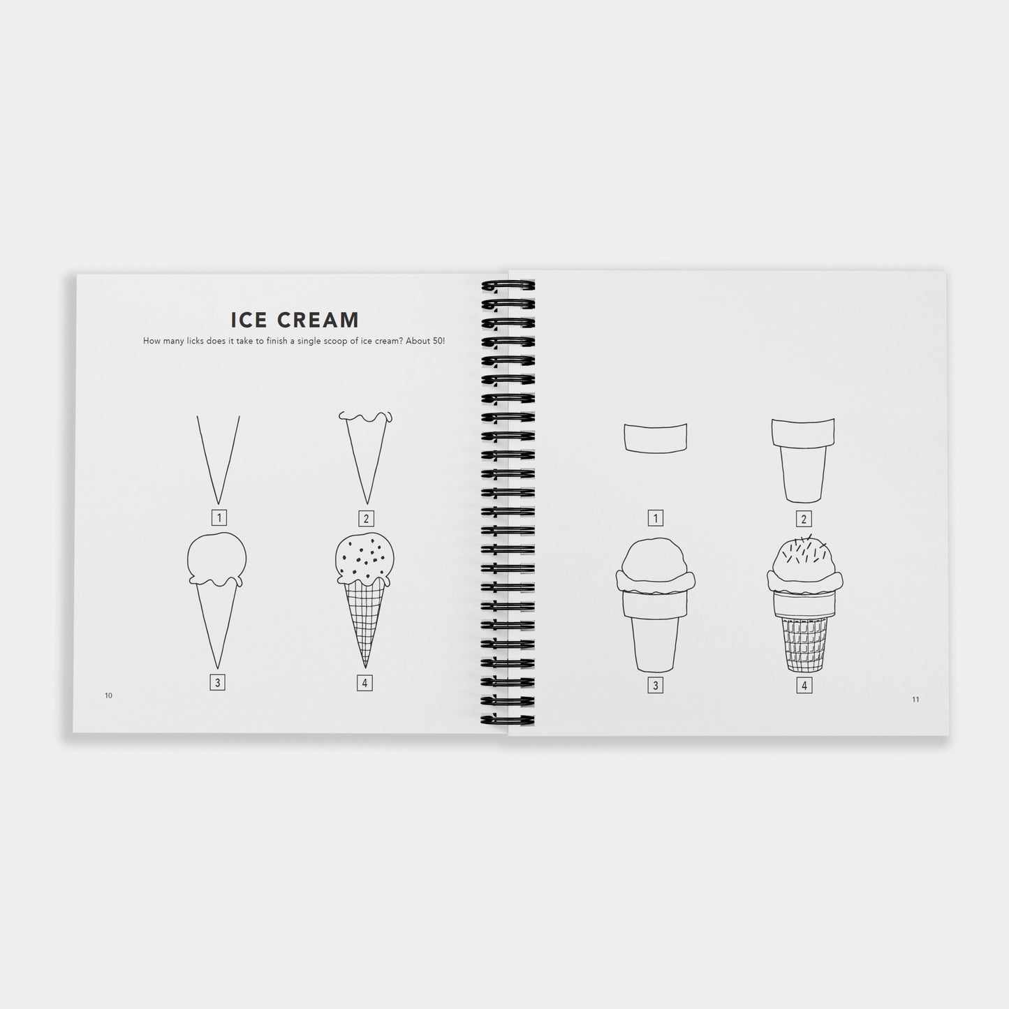 Interior pages of “How to Draw All the Things for Kids” by Alli Koch, showing step-by-step drawing guides for icecream and an icecream cone with simple numbered illustrations and fun facts