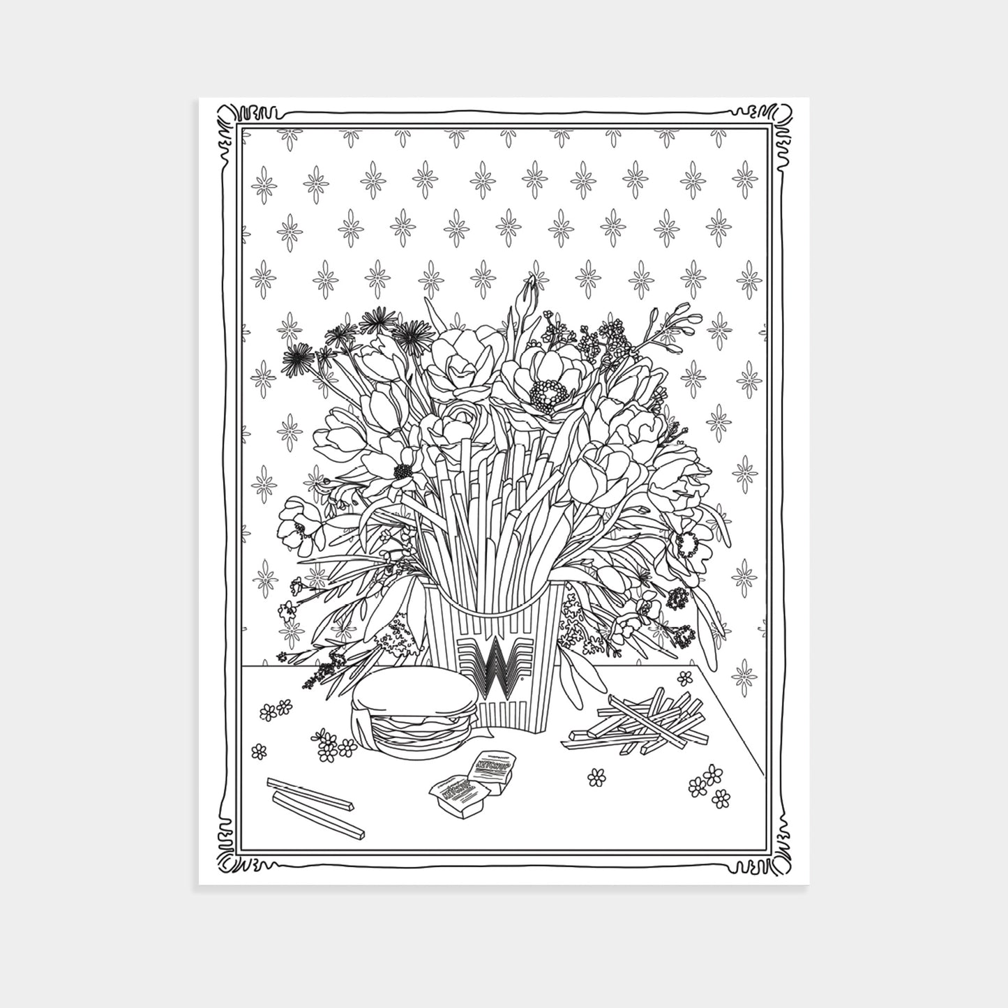 Black and white illustration of a bouquet of flowers in a vase on a decorative border.