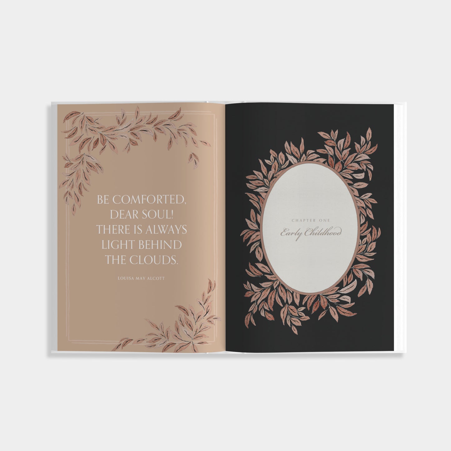 inside view of Aunt's Story: a memory and keepsake journal showing a quote from Louisa May Alcott and "chapter one: Early Childhood. Both pages have hand drawn illustrations of leaves.