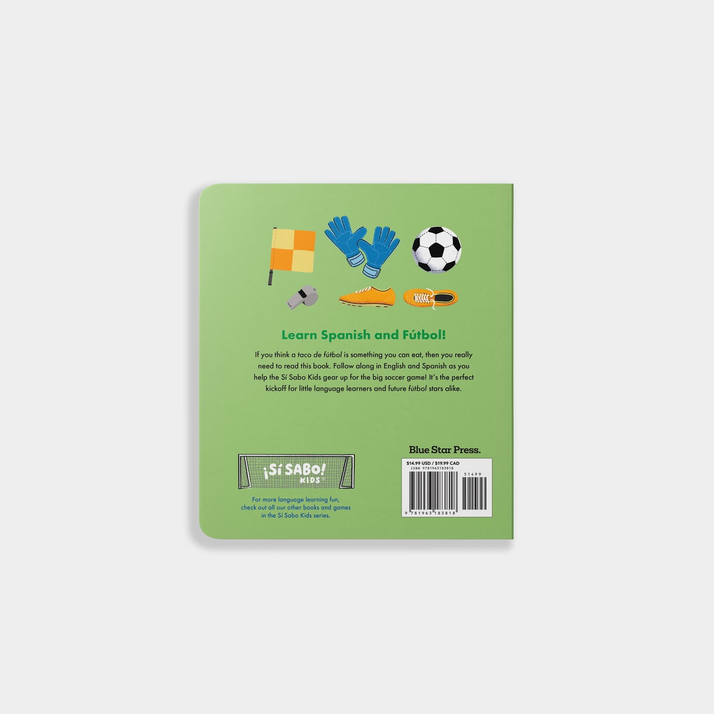 Book cover with illustrations of a flag, gloves, and soccer ball on a green background
